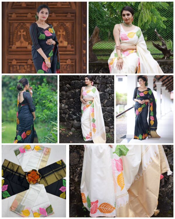 Cream Jacquard Soft Lichi Silk Leaf Motifs Saree - Image 8