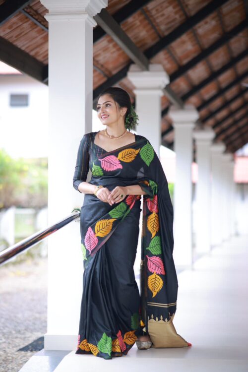 Black Jacquard Soft Lichi Silk Leaf Motifs Saree
