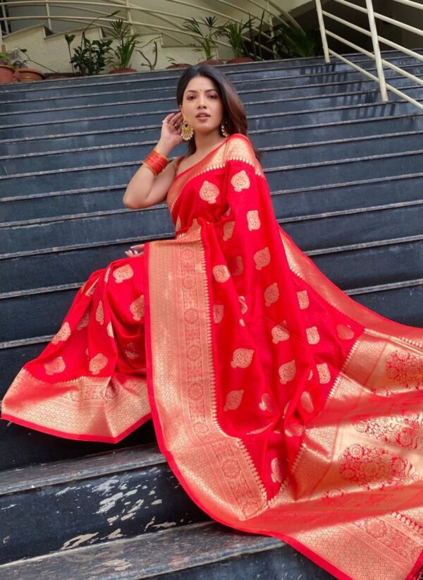 Red Banarasi Jacquard Lichi Silk Zari Work In Gold Thread Saree