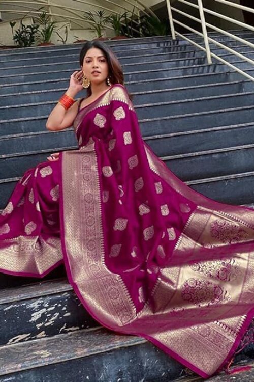 Maroon Banarasi Jacquard Lichi Silk Zari Work In Gold Thread Saree