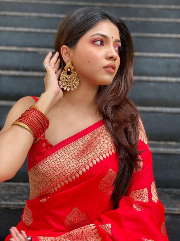 Red Banarasi Jacquard Lichi Silk Zari Work In Gold Thread Saree - Image 4