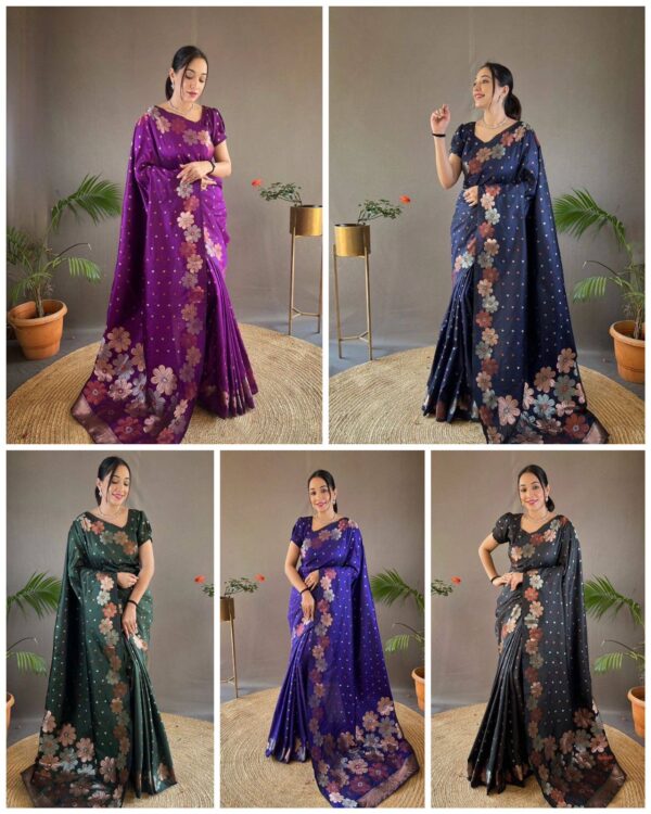 Mulberry Bloom – Maroon Floral Jacquard Lichi Silk Saree - Image 5