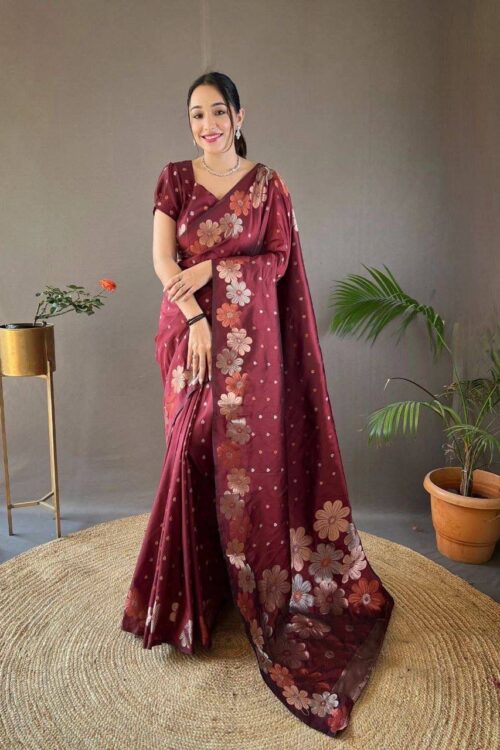 Mulberry Bloom – Maroon Floral Jacquard Lichi Silk Saree