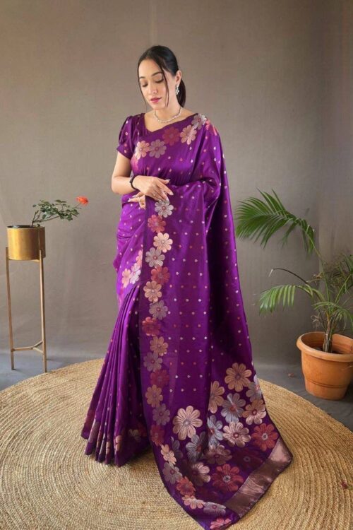 Royal Bloom – Wine Floral Jacquard Lichi Silk Saree