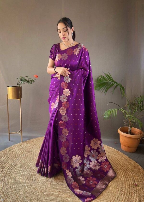 Royal Bloom – Wine Floral Jacquard Lichi Silk Saree