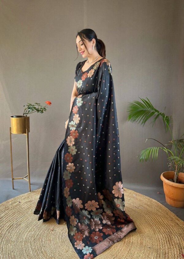 Midnight Bloom – Black Floral Jacquard Soft Lichi Silk Saree - Image 3