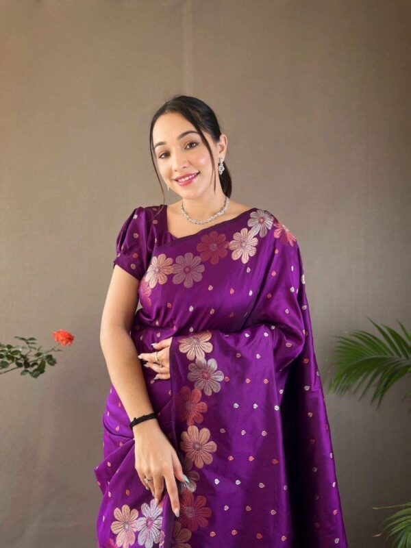 Royal Bloom – Wine Floral Jacquard Lichi Silk Saree - Image 4
