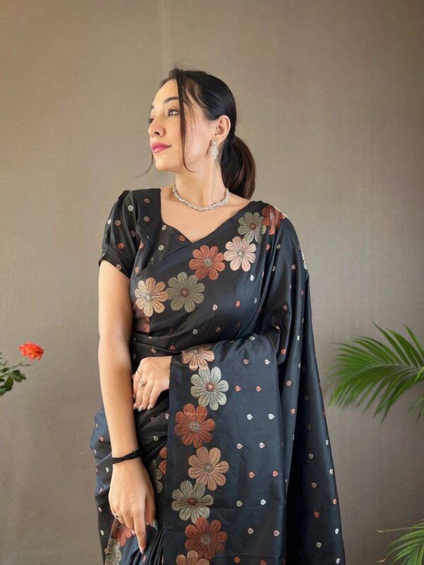 Midnight Bloom – Black Floral Jacquard Soft Lichi Silk Saree - Image 4