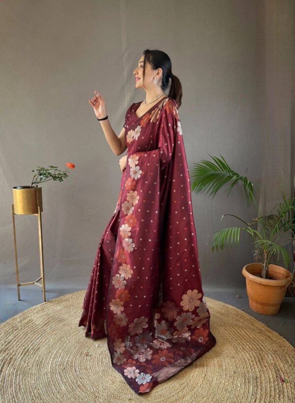 Mulberry Bloom – Maroon Floral Jacquard Lichi Silk Saree - Image 4