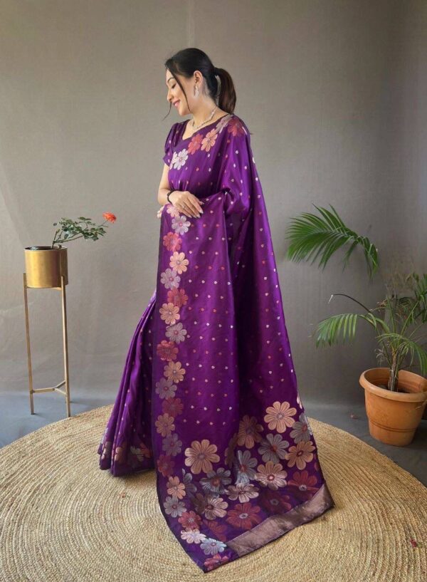 Royal Bloom – Wine Floral Jacquard Lichi Silk Saree - Image 3
