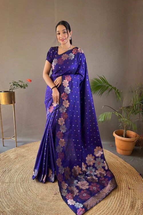 Twilight Bloom – Violet Floral Jacquard  Soft Lichi Silk Saree