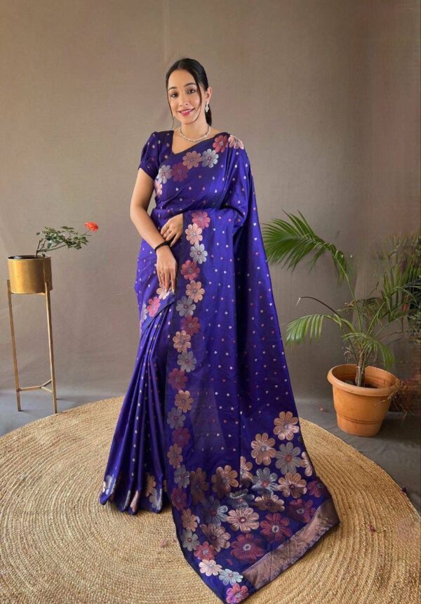 Twilight Bloom – Violet Floral Jacquard  Soft Lichi Silk Saree