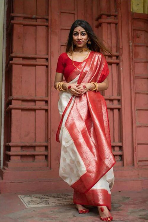 Bengal Grace – Classic Red & White Traditional Banarasi Saree