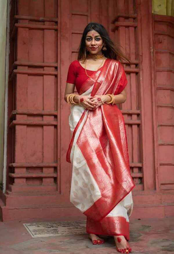 Bengal Grace – Classic Red & White Traditional Banarasi Saree