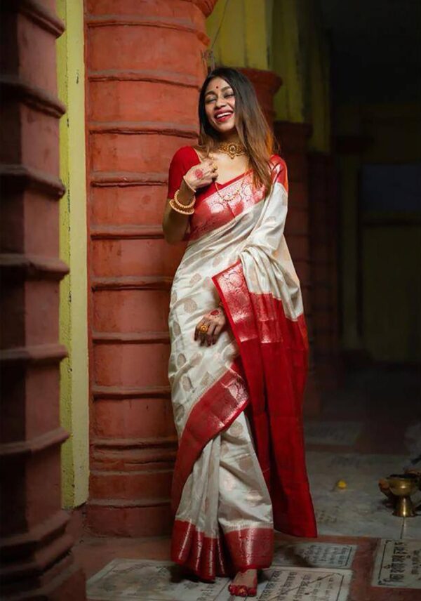 Bengal Grace – Classic Red & White Traditional Banarasi Saree - Image 3
