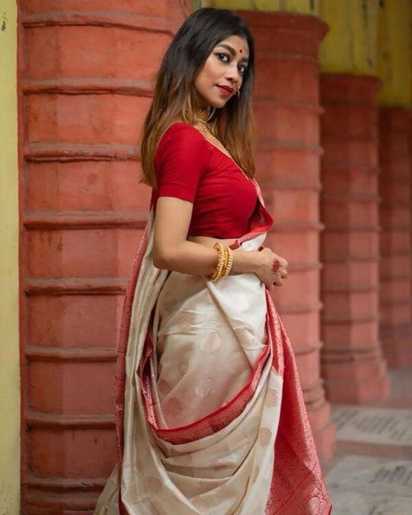 Bengal Grace – Classic Red & White Traditional Banarasi Saree - Image 4