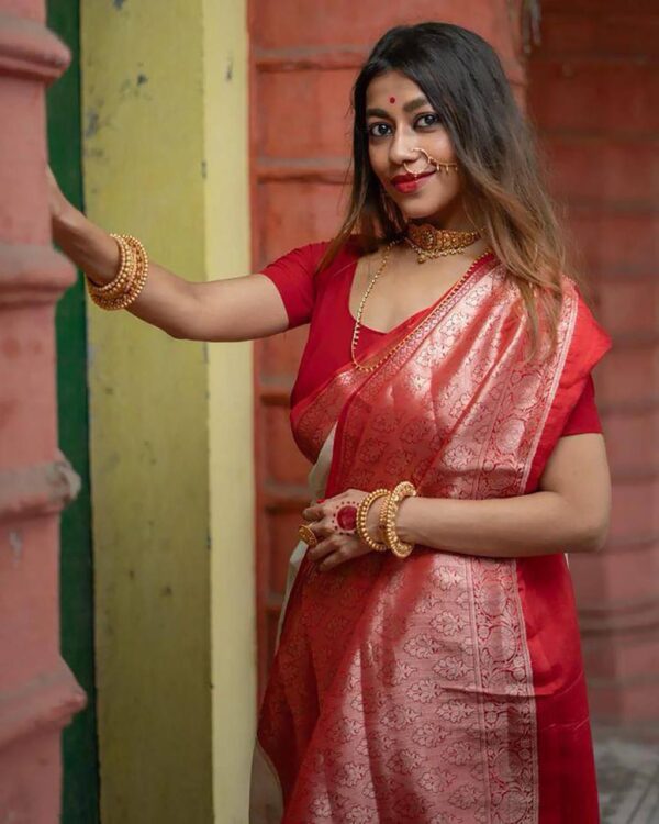 Bengal Grace – Classic Red & White Traditional Banarasi Saree - Image 6