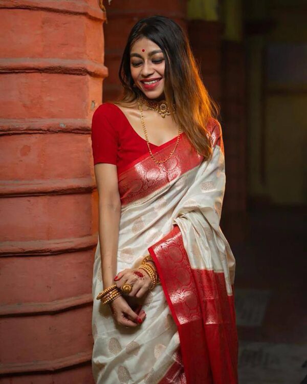 Bengal Grace – Classic Red & White Traditional Banarasi Saree - Image 5