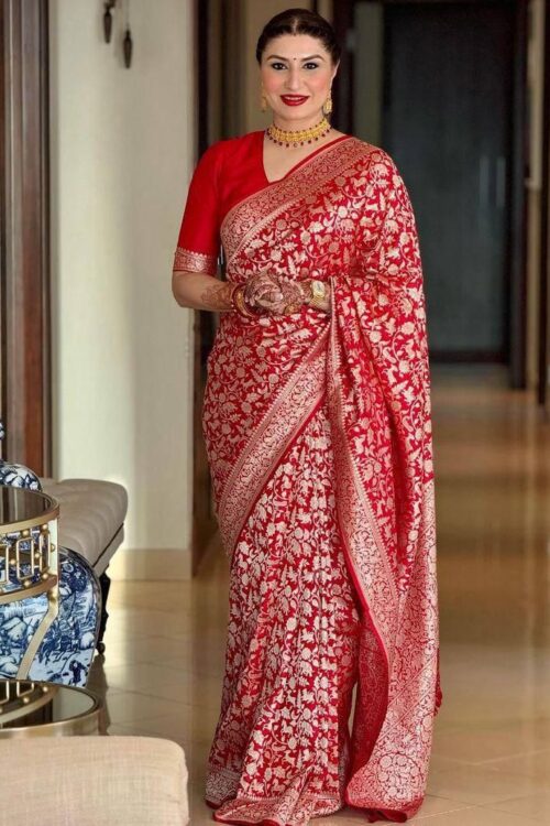 Crimson Red Banarasi Silk Saree with Rich Zari Floral Weave – A Bridal Elegance Reimagined