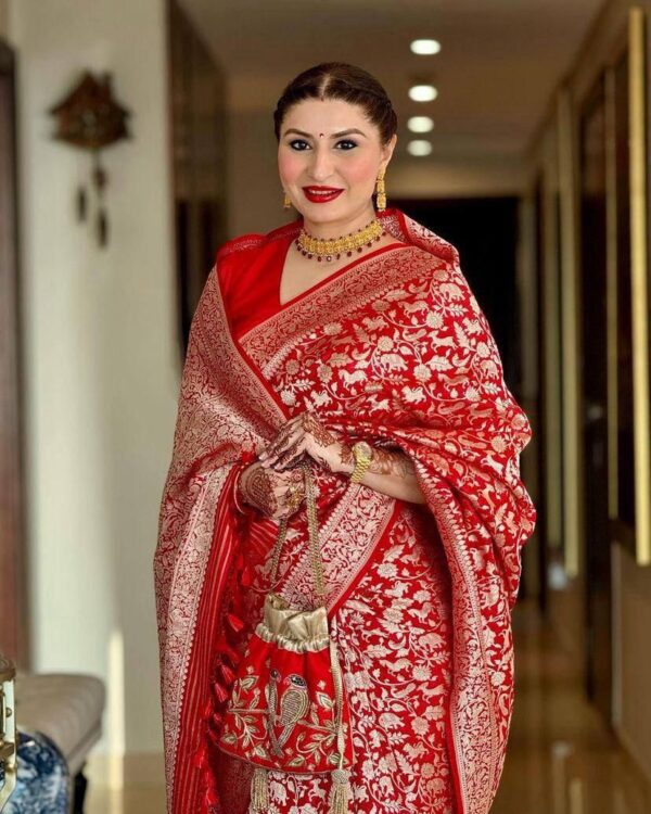 Crimson Red Banarasi Silk Saree with Rich Zari Floral Weave – A Bridal Elegance Reimagined - Image 3