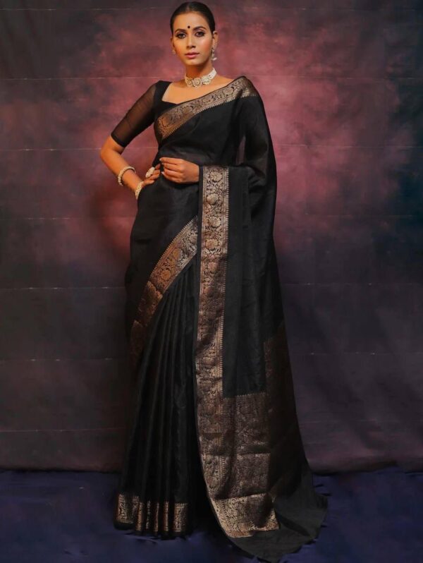 Majestic Black Kanjeevaram Lichi Silk Saree with Antique Gold Zari Border – Timeless Elegance for Evening