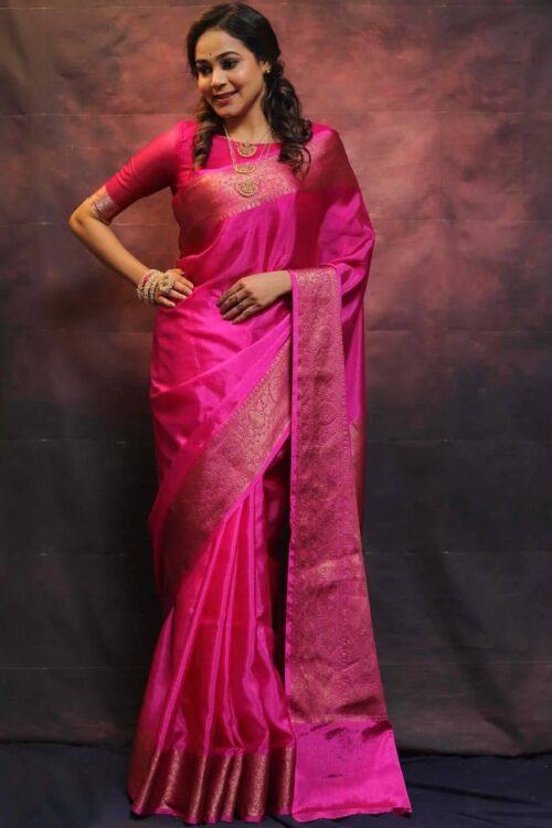 Radiant Rani Pink Kanjeevaram Lichi Silk Saree with Rich Zari Border – A Regal Choice for Festive Elegance