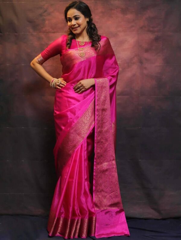 Radiant Rani Pink Kanjeevaram Lichi Silk Saree with Rich Zari Border – A Regal Choice for Festive Elegance