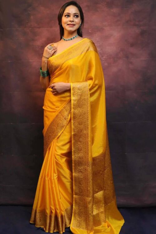 Radiant Yellow Kanjeevaram Lichi Silk Saree with Rich Gold Zari Border – A Regal Choice for Grand Occasions