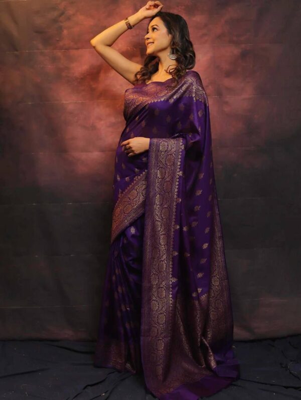 Regal Purple Banarasi Silk Saree with Antique Gold Zari – A Timeless Statement of Grace - Image 2