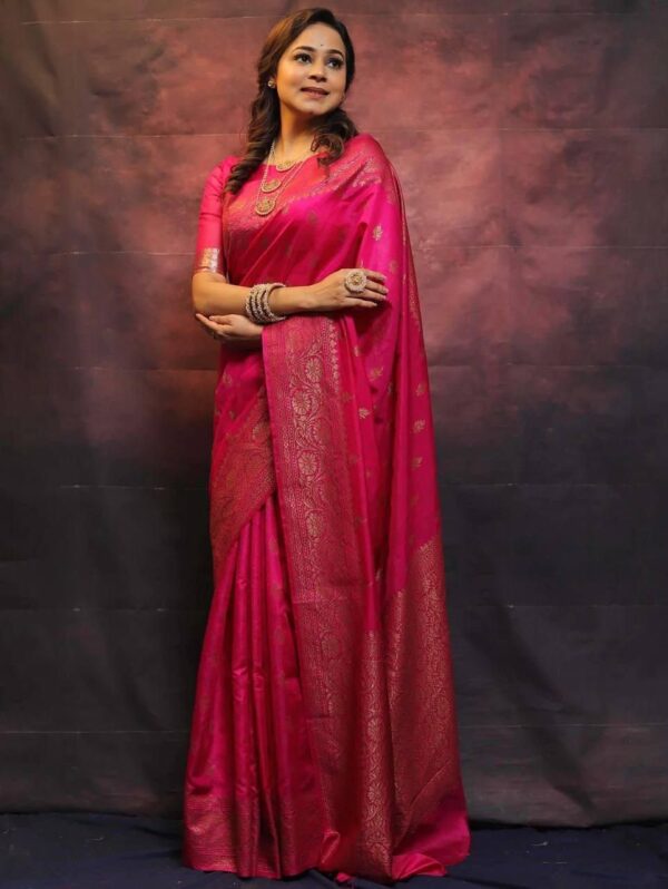 Vibrant Pink Banarasi Silk Saree with Gold Zari Weave – Classic Elegance for Weddings & Celebrations - Image 3