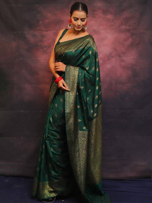 Regal Bottle Green Banarasi Silk Saree with All-Over Zari Motifs and Ornate Pallu - Image 4