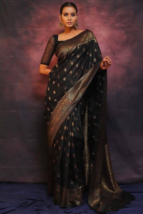 Majestic Rich Black Banarasi Silk Saree with Golden Zari Work and Ornate Border – Evening & Wedding Special