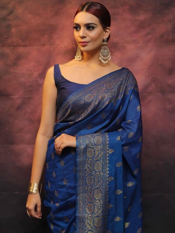 Royal Blue Banarasi Silk Saree with Silver Zari Detailing – Elegant Ethnic Wear for Special Occasions - Image 4