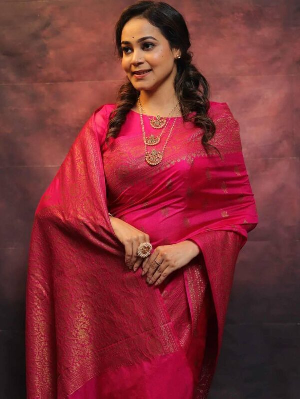 Vibrant Pink Banarasi Silk Saree with Gold Zari Weave – Classic Elegance for Weddings & Celebrations - Image 2