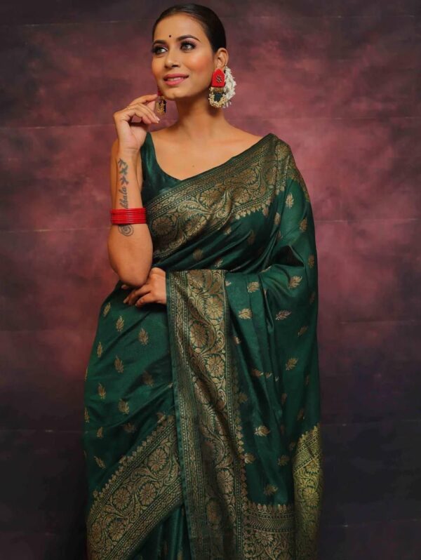 Regal Bottle Green Banarasi Silk Saree with All-Over Zari Motifs and Ornate Pallu - Image 2