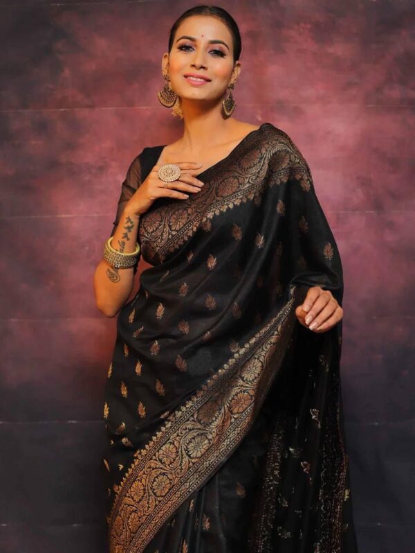 Majestic Rich Black Banarasi Silk Saree with Golden Zari Work and Ornate Border – Evening & Wedding Special - Image 2