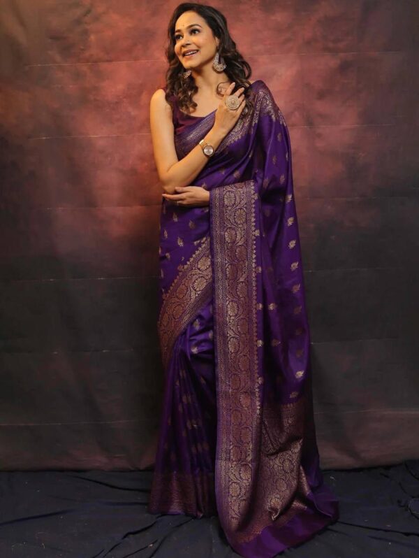 Regal Purple Banarasi Silk Saree with Antique Gold Zari – A Timeless Statement of Grace - Image 3