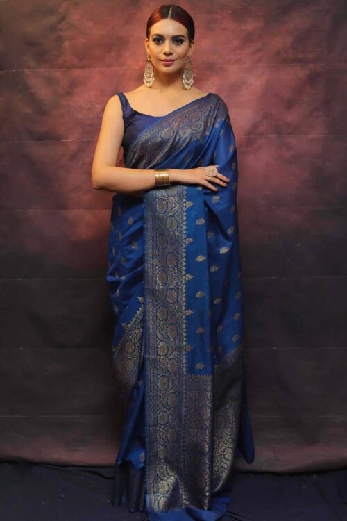 Royal Blue Banarasi Silk Saree with Silver Zari Detailing – Elegant Ethnic Wear for Special Occasions