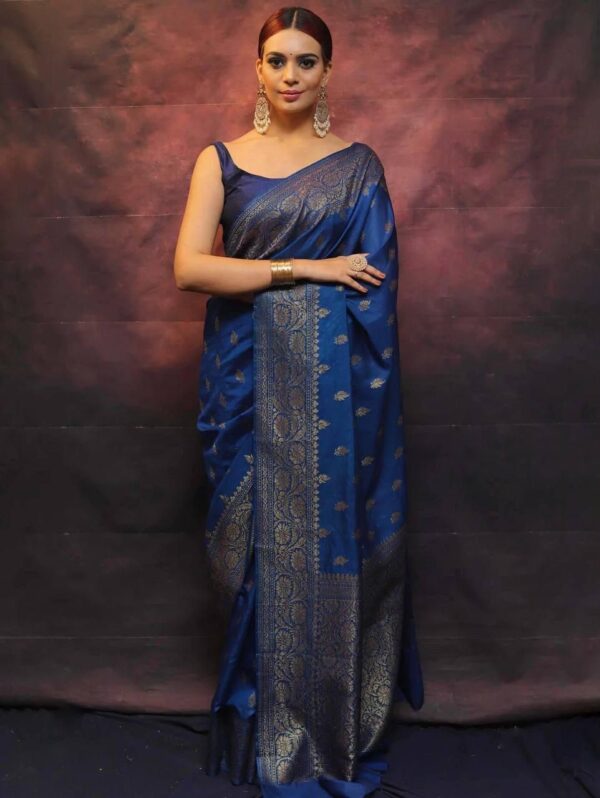 Royal Blue Banarasi Silk Saree with Silver Zari Detailing – Elegant Ethnic Wear for Special Occasions