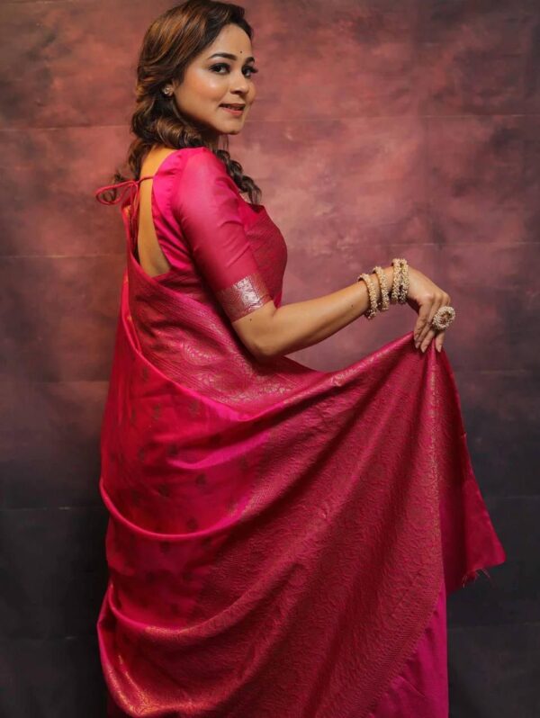 Vibrant Pink Banarasi Silk Saree with Gold Zari Weave – Classic Elegance for Weddings & Celebrations - Image 4