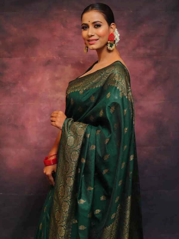 Regal Bottle Green Banarasi Silk Saree with All-Over Zari Motifs and Ornate Pallu - Image 3