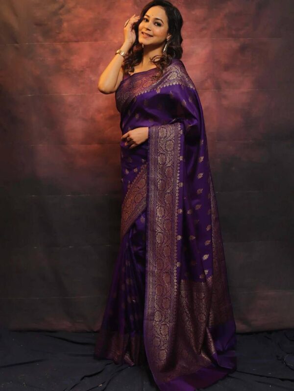 Regal Purple Banarasi Silk Saree with Antique Gold Zari – A Timeless Statement of Grace - Image 4