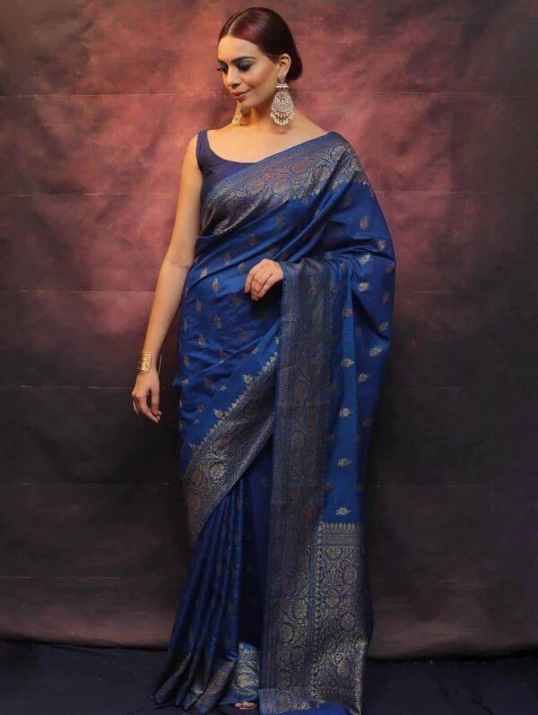 Royal Blue Banarasi Silk Saree with Silver Zari Detailing – Elegant Ethnic Wear for Special Occasions - Image 3