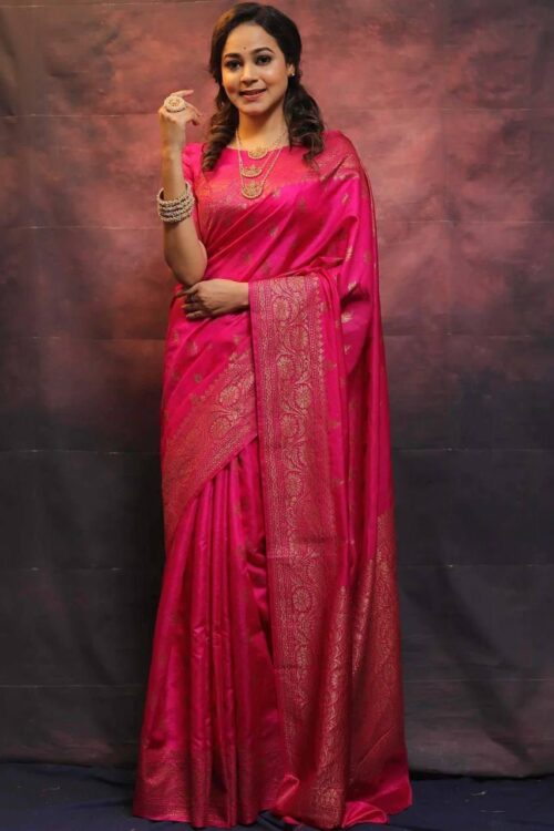 Vibrant Pink Banarasi Silk Saree with Gold Zari Weave – Classic Elegance for Weddings & Celebrations