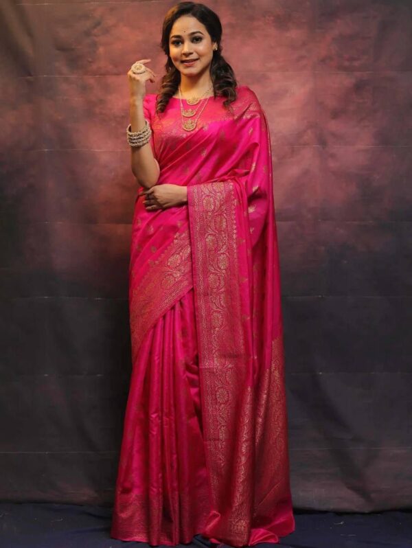 Vibrant Pink Banarasi Silk Saree with Gold Zari Weave – Classic Elegance for Weddings & Celebrations
