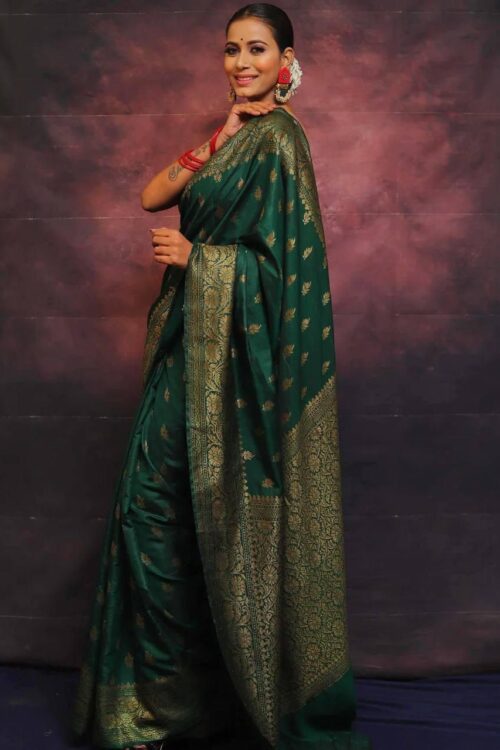 Regal Bottle Green Banarasi Silk Saree with All-Over Zari Motifs and Ornate Pallu