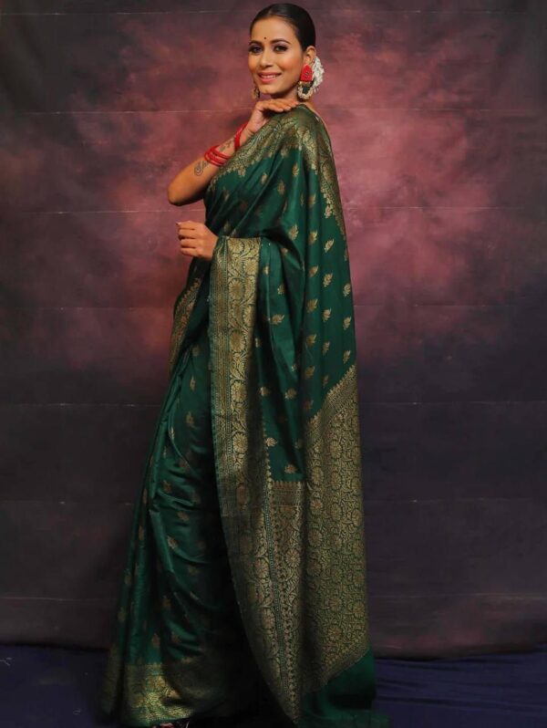 Regal Bottle Green Banarasi Silk Saree with All-Over Zari Motifs and Ornate Pallu