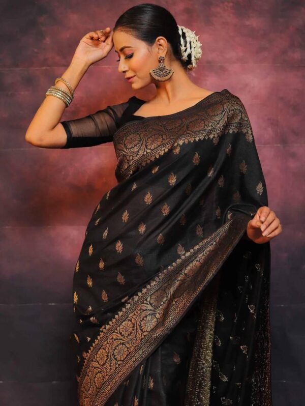 Majestic Rich Black Banarasi Silk Saree with Golden Zari Work and Ornate Border – Evening & Wedding Special - Image 3