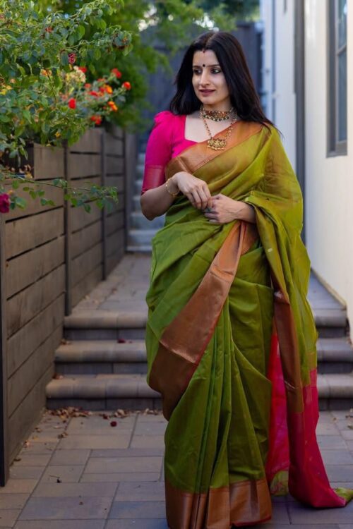 Elegant Olive Green and Pink Silk Saree – A Graceful Harmony of Earthy and Vibrant Tones