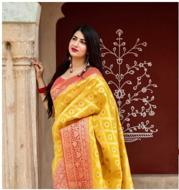 Radiant Yellow Banarasi Silk Saree with Red Zari Border – A Classic Blend of Tradition and Vibrance - Image 6